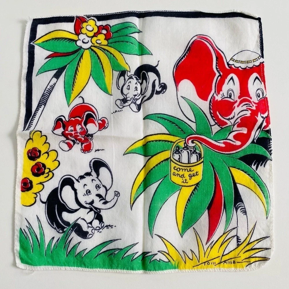Vintage Tom Lamb Child's Handkerchief with Elephants, 1940s Childs Hankie